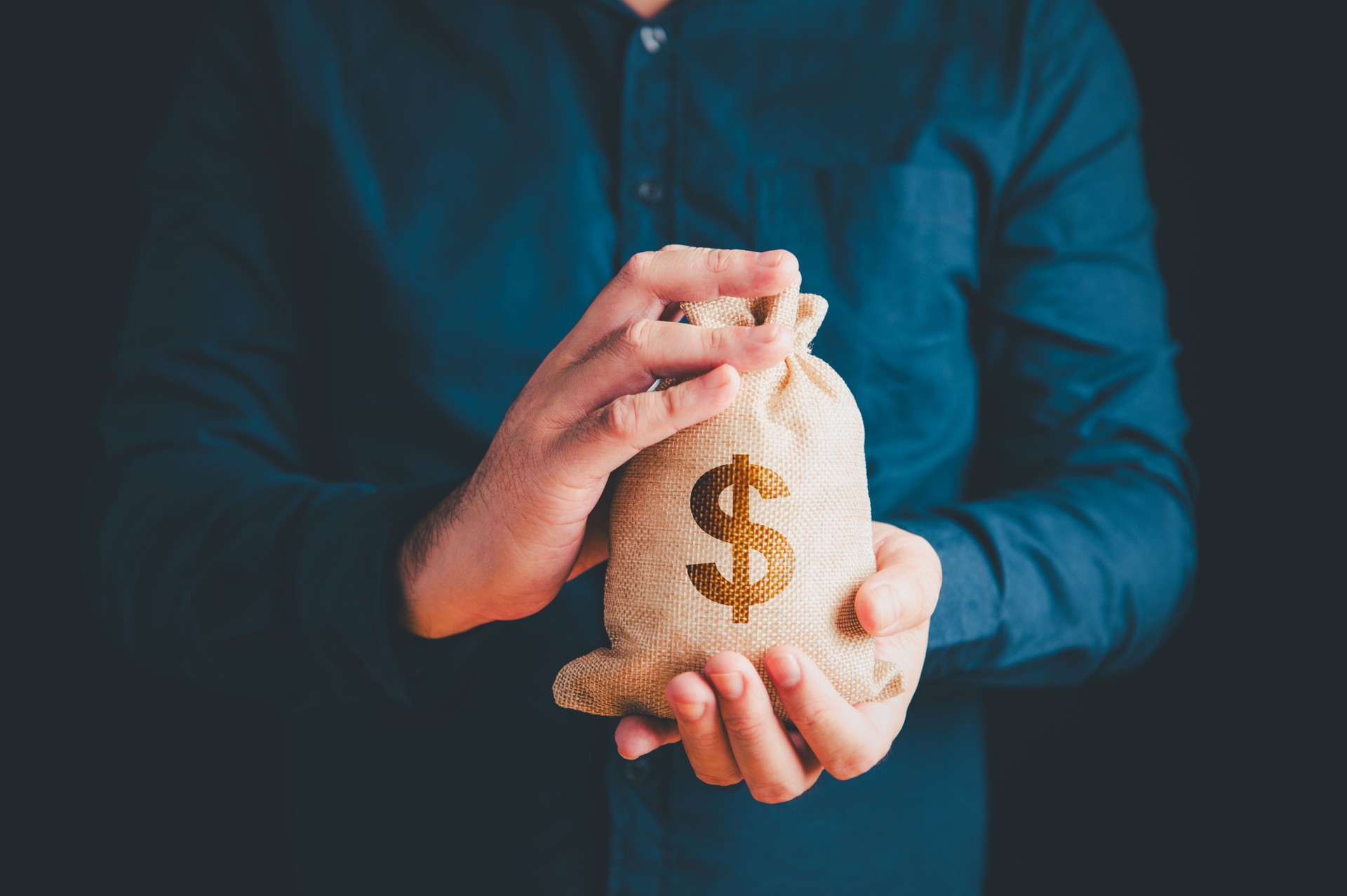 Businessman holding money bag with two hands and dollar sign background. Business and investment concept.