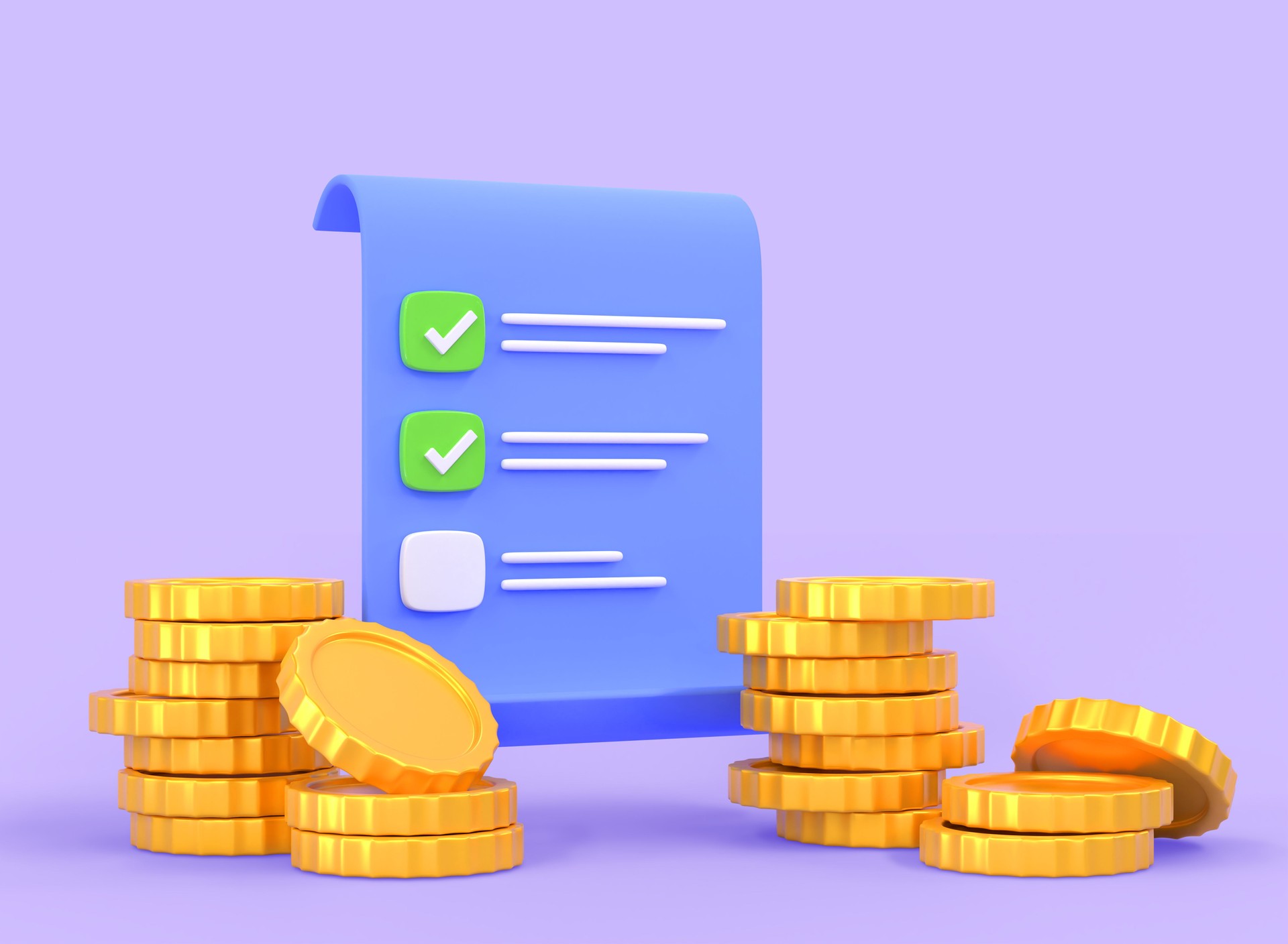 3D Check list with stack gold coins on purple background. Paper bill for tax or service payment. Budget planning, finance management, shopping, banking, accounting paycheck, fee document, 3d render